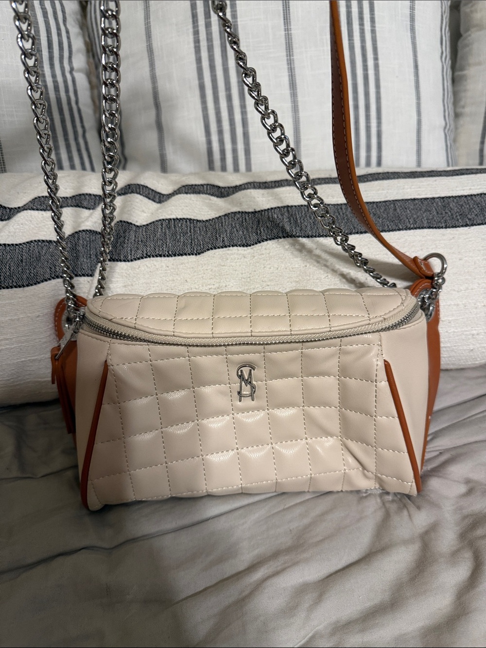 Steve Madden Quilted Cream Crossbody with Tan Trim and Silver Chain